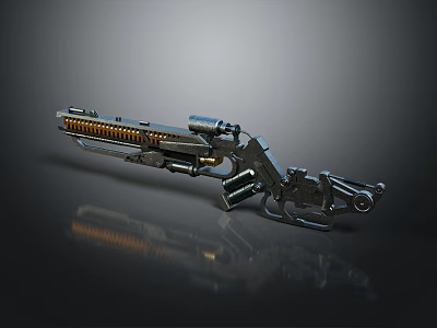 Futuristic Metallic Weapon With Mechanical Ammo Chain And Reflective Structural Details 3d model