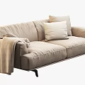 Beige Two Seater Fabric Sofa Modern Design With White Cushion Throw Blanket And Black Legs