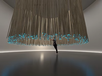 Stunning Hanging Art Installation With Long Strips Blue Lights And Person Underneath 3d model
