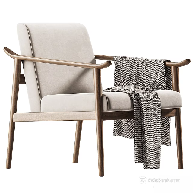 Stylish Leisure Chair With Wooden Frame Light Fabric Upholstery And Plaid Throw 3d model 