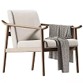 Stylish Leisure Chair With Wooden Frame Light Fabric Upholstery And Plaid Throw