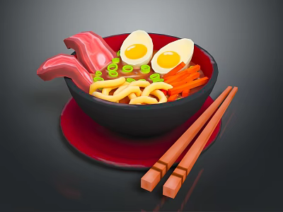 Delicious Ramen With Soft Boiled Eggs Pork Slices Vegetables In Black Bowl And Wooden Chopsticks 3d model