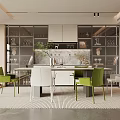 Modern Restaurant Interior With Dining Table Green Chairs Glass Cabinets And Decorative Items
