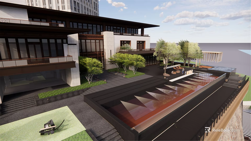 Modern Residential Landscape Design With Courtyard Water Feature Green Plants And Outdoor Seating 3d model 