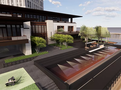 Modern Residential Landscape Design With Courtyard Water Feature Green Plants And Outdoor Seating 3d model