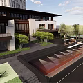 Modern Residential Landscape Design With Courtyard Water Feature Green Plants And Outdoor Seating