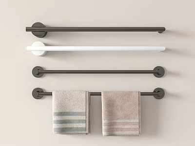 Sleek Bathroom Accessories With Dark And White Towel Bars And Hanging Towels 3d model