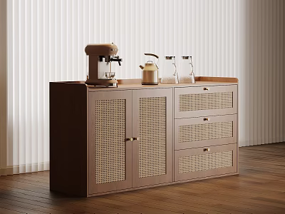 Wooden Sideboard with Woven Doors and Drawers Coffee Machine Teapot Glass Jars in Modern Interior 3d model