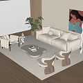Modern Beige Sofa Coffee Table Combination With Green Plant Painting Chairs And Floor Lamp