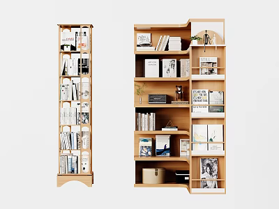 Modern Wooden Bookcase With Multi Tiered Shelves Books And Decorative Items 3d model