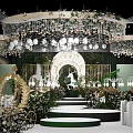 Elegant Banquet Hall With Golden Iron Fence White Carved Arch Green Plants And Unicorn Sculpture
