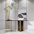 Modern Console Table With Black And White Painting And Small Tree Plant In Interior