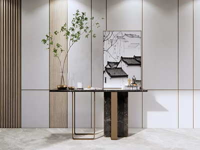 Modern Console Table With Black And White Painting And Small Tree Plant In Interior 3d model