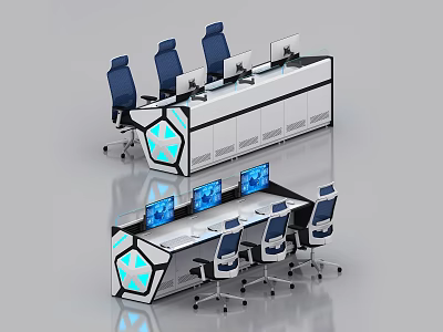 Modern Office Desk With Multiple Screens Blue Chairs And Geometric Design 3d model