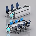 Modern Office Desk With Multiple Screens Blue Chairs And Geometric Design