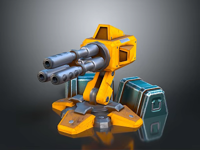 Futuristic Yellow Multi Barrel Turret Weapon With Mechanical Base And Blue Crates 3d model