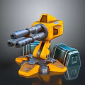 Futuristic Yellow Multi Barrel Turret Weapon With Mechanical Base And Blue Crates