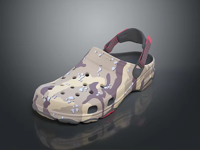 Camouflage Casual Clogs with Perforated Design Beige Base and Red Straps for Comfortable Daily Wear 3d model