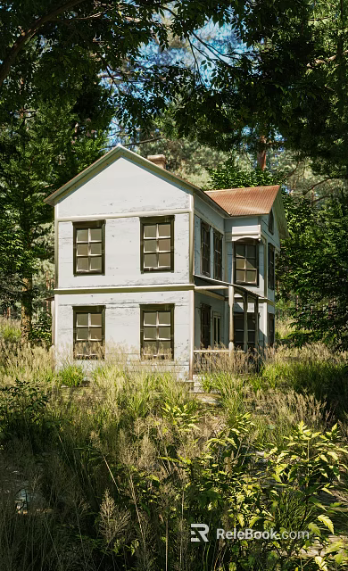 Two Story Detached House with White Exterior Brown Roof Surrounded by Green Trees and Grass 3d model 