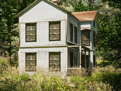 Two Story Detached House with White Exterior Brown Roof Surrounded by Green Trees and Grass 3d model