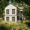 Two Story Detached House with White Exterior Brown Roof Surrounded by Green Trees and Grass