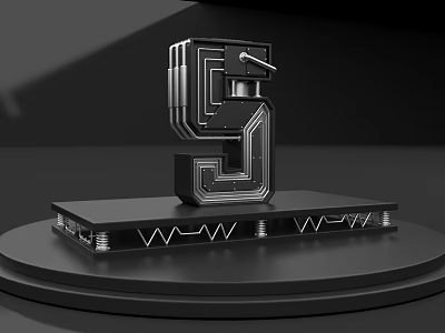 3D Black Number 5 Metallic Structure With Geometric Lines On Circular Platform 3d model