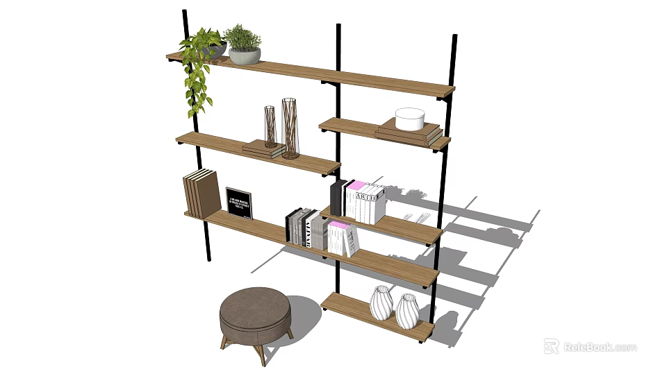 Modern Wooden Shelf Unit With Metal Frames Books Decorative Items And Potted Plant 3d model 