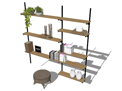 Modern Wooden Shelf Unit With Metal Frames Books Decorative Items And Potted Plant 3d model