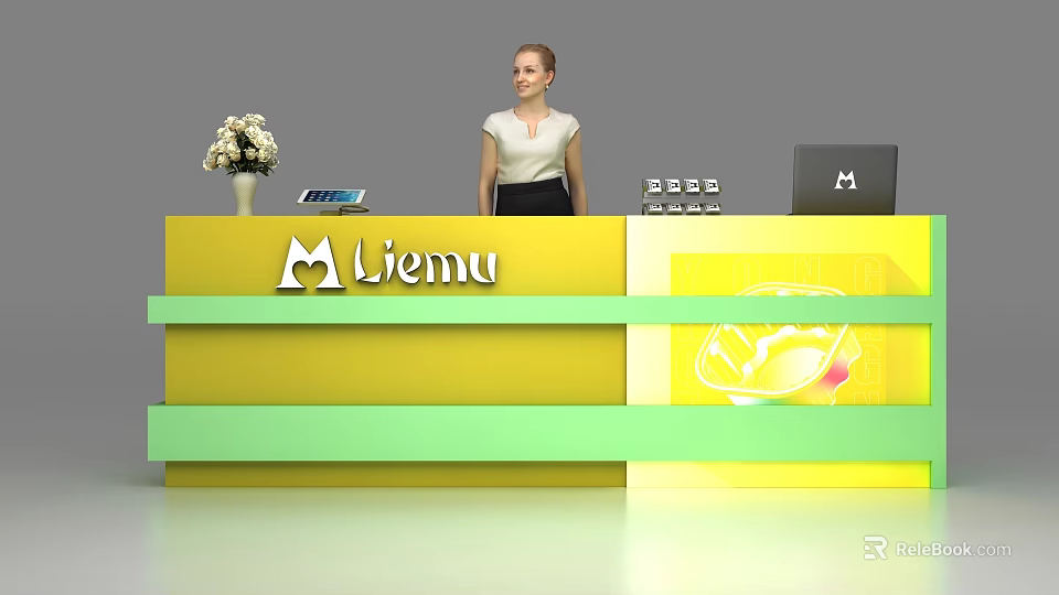 Modern Yellow Liemu Reception Desk With White Flower Vase Tablet Laptop And Receptionist 3d model 