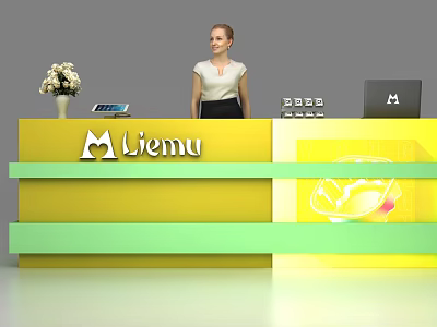 Modern Yellow Liemu Reception Desk With White Flower Vase Tablet Laptop And Receptionist 3d model