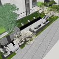 Modern Garden Landscape With Green Plant Wall Water Feature Cherry Blossom Trees And Welcome Sign