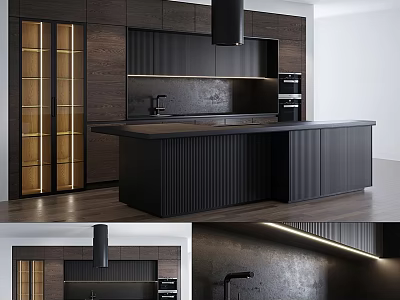 Modern Dark Kitchen Interior With Central Island And Wooden Glass Door Cabinets 3d model
