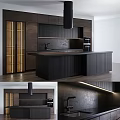 Modern Dark Kitchen Interior With Central Island And Wooden Glass Door Cabinets