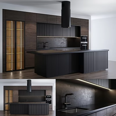 Modern Dark Kitchen Interior With Central Island And Wooden Glass Door Cabinets 3d model
