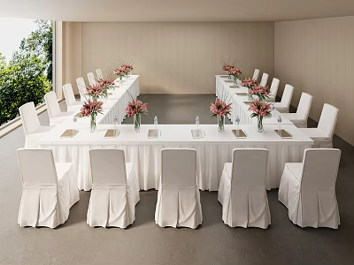 Banquet Hall Interior Design With Long Tables White Chair Covers Floral Centerpieces And Natural Light 3d model