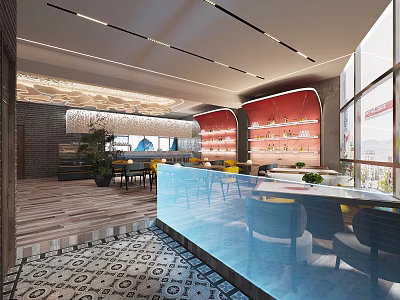 Modern Cafe Interior Design With Large Windows Natural Light Colorful Seats And Decorative Plants 3d model