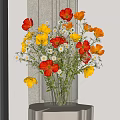 Transparent Glass Vase With Red Yellow Flowers And White Daisies On White Table Near Window