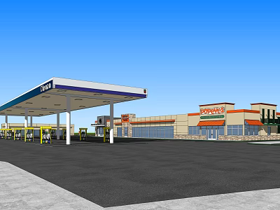 Gas Station Exterior With Canopy Parking Area And Adjacent Convenience Store Building 3d model
