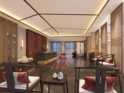 Elegant Chinese Lobby Interior With Wooden Decor Red Cushions And Lattice Screens 3d model