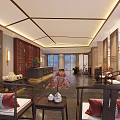 Elegant Chinese Lobby Interior With Wooden Decor Red Cushions And Lattice Screens