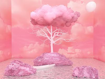 Enchanting Pastel Pink Scenery With White Tree Clouds Hills And Moon 3d model