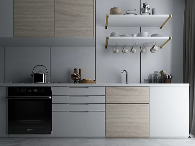 Modern Kitchen With White And Wood Cabinets Shelves Oven And Sink 3d model