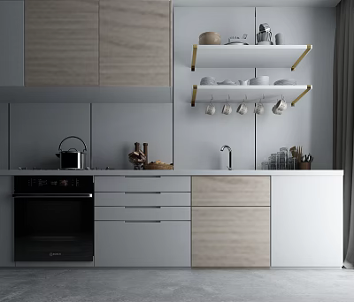Modern Kitchen With White And Wood Cabinets Shelves Oven And Sink 3d model