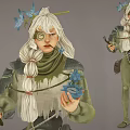 Woman With White Hair Blue Flowers Wearing Monocle Green Outfit Holding Tools And Waist Bag