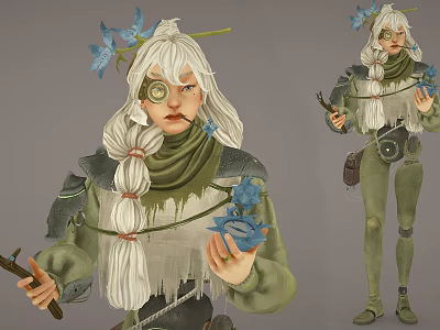 Woman With White Hair Blue Flowers Wearing Monocle Green Outfit Holding Tools And Waist Bag 3d model