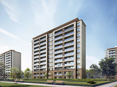 Modern Mid Rise Residential Building Exterior Design With Green Lawn Trees And Benches 3d model