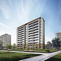 Modern Mid Rise Residential Building Exterior Design With Green Lawn Trees And Benches