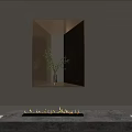 Modern Fireplace With Burning Flames Upper Shelf Holding Vase And Green Branches