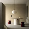 Modern Dining Table Set With White Round Top Red Stools And Pendant Light 3d model