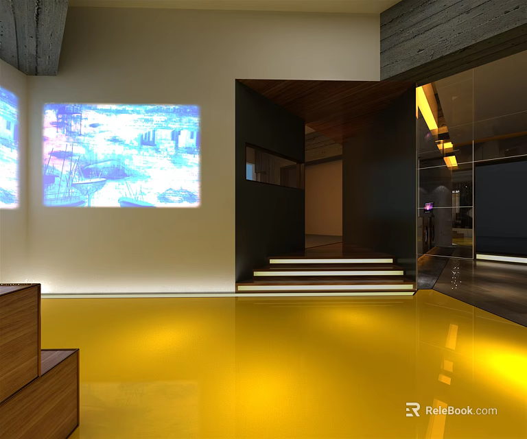 Modern Restaurant Interior With Yellow Flooring Projection Screens And Ambient Lighting 3d model 